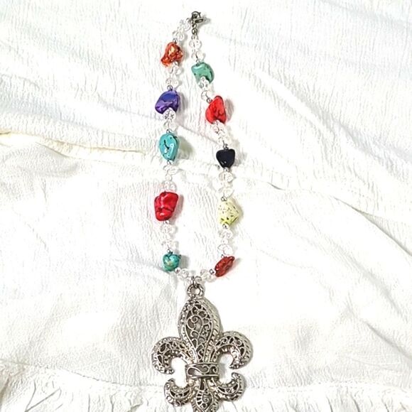 Silver Fleur-de-lis Necklace with Colored Stones - Picture 3 of 5